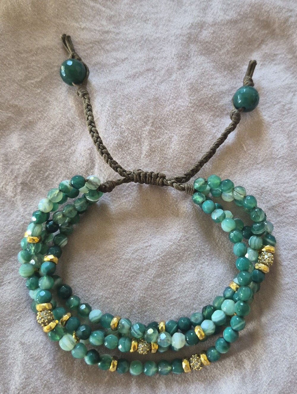 Green Agate Gems & Gold Bead Macramé Adjustable Wrap Bracelet
